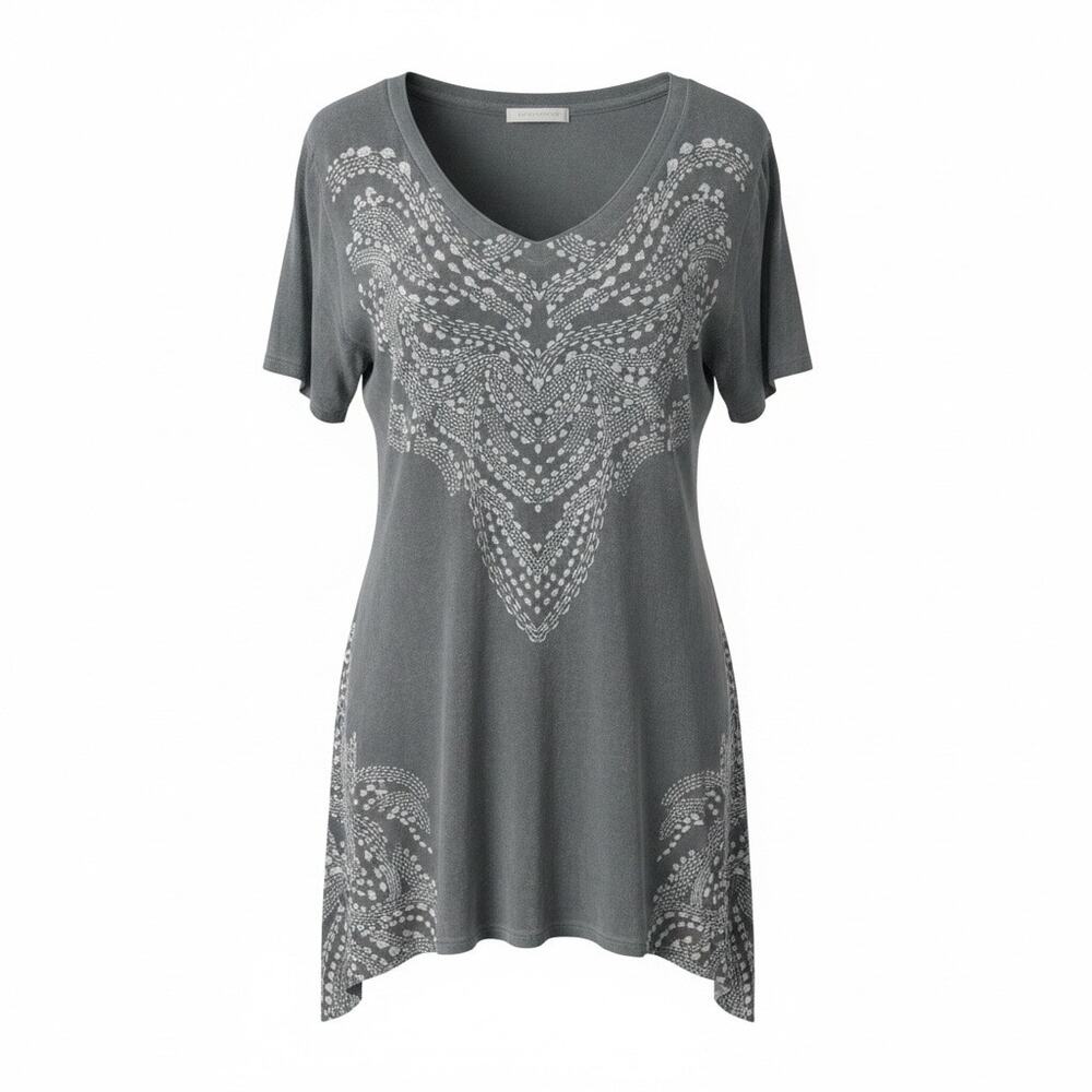 VOCAL Gray Embellished V-Neck Tunic Top Large Y2K Whimsigoth Boho Fairy Grunge
